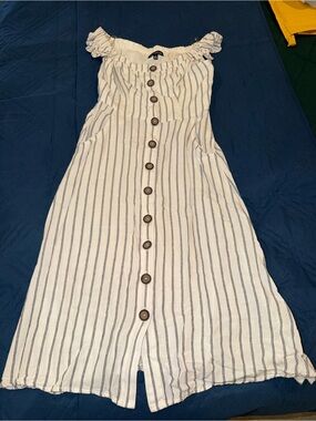 Striped Off-Shoulder Button-Front Summer Linen Dress - Cream and Black